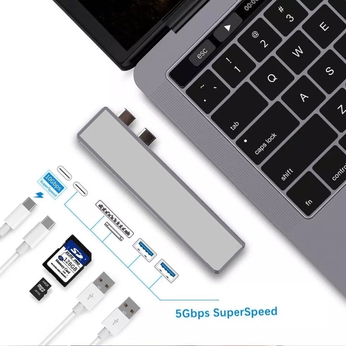 Ntech USB Type-C Thunderbolt 3 Multi funtioneel HUB | 2x Type-C poort | 2x USB 3.0 poort | 1x microSD poort & 1x SD poort - Zilver